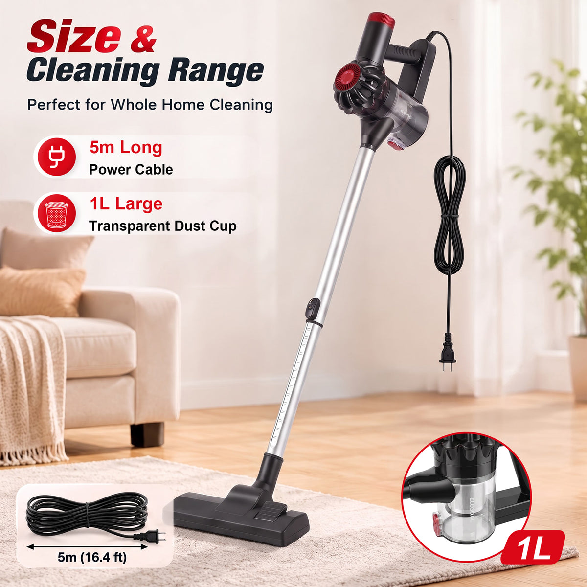 PV18 Corded Stick Vacuum - 16,000Pa Suction, 1L Dust Cup, 180° flexible reach